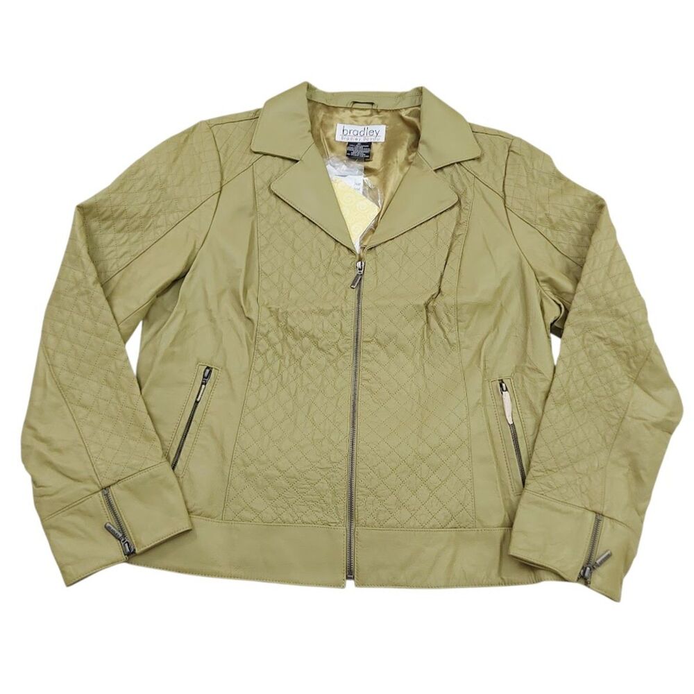 Bradley Bayou Leather Moto Jacket Womens XL Light Green Quilted Full Zip Biker